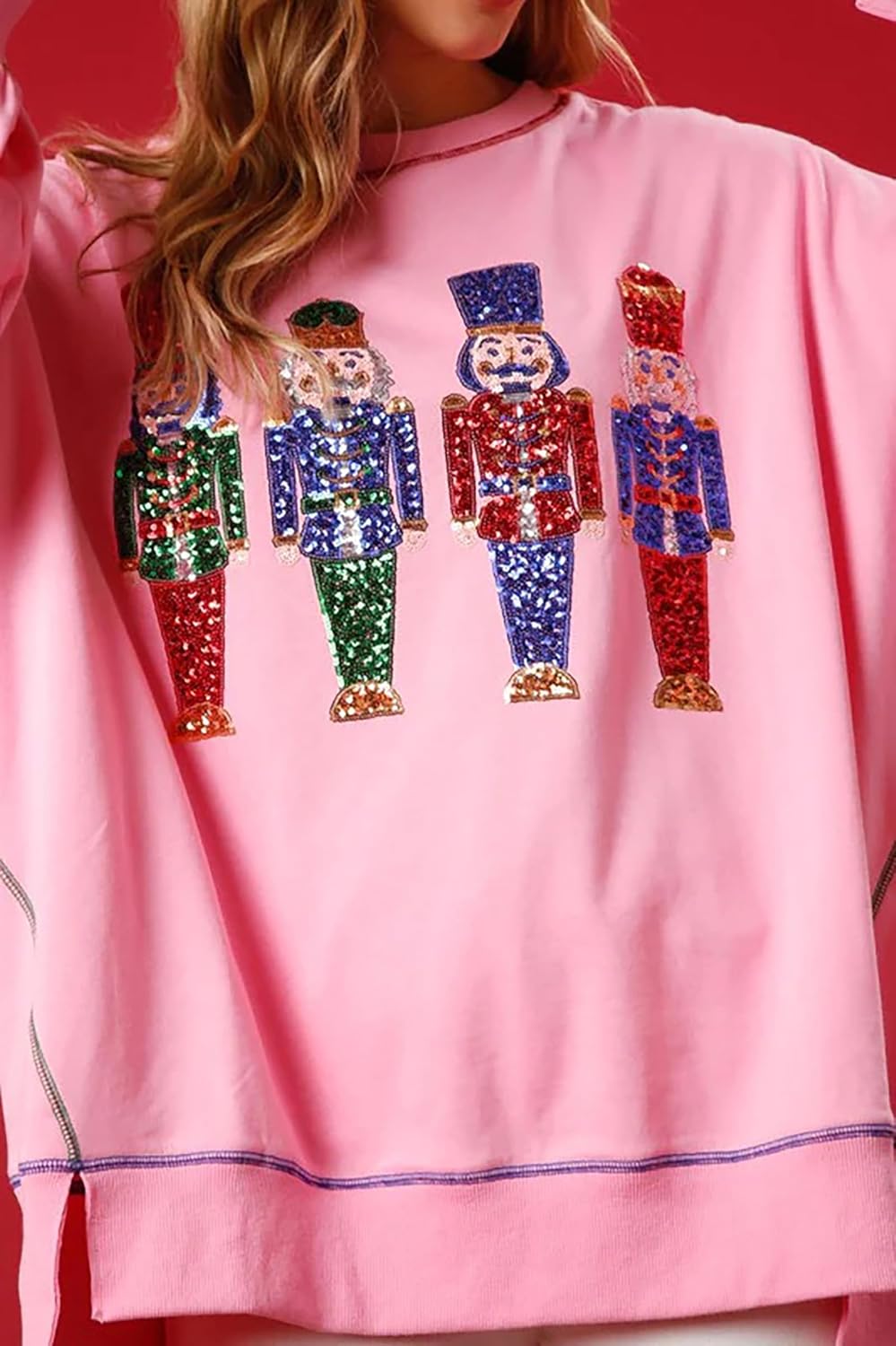 NUFIWI Women Christmas Sequin Graphic Sweatshirts Cute Xmas Santa Oversized Pullovers Funny Holiday Sparkly Tops(Nutcracker Pink,Small) - Image 2