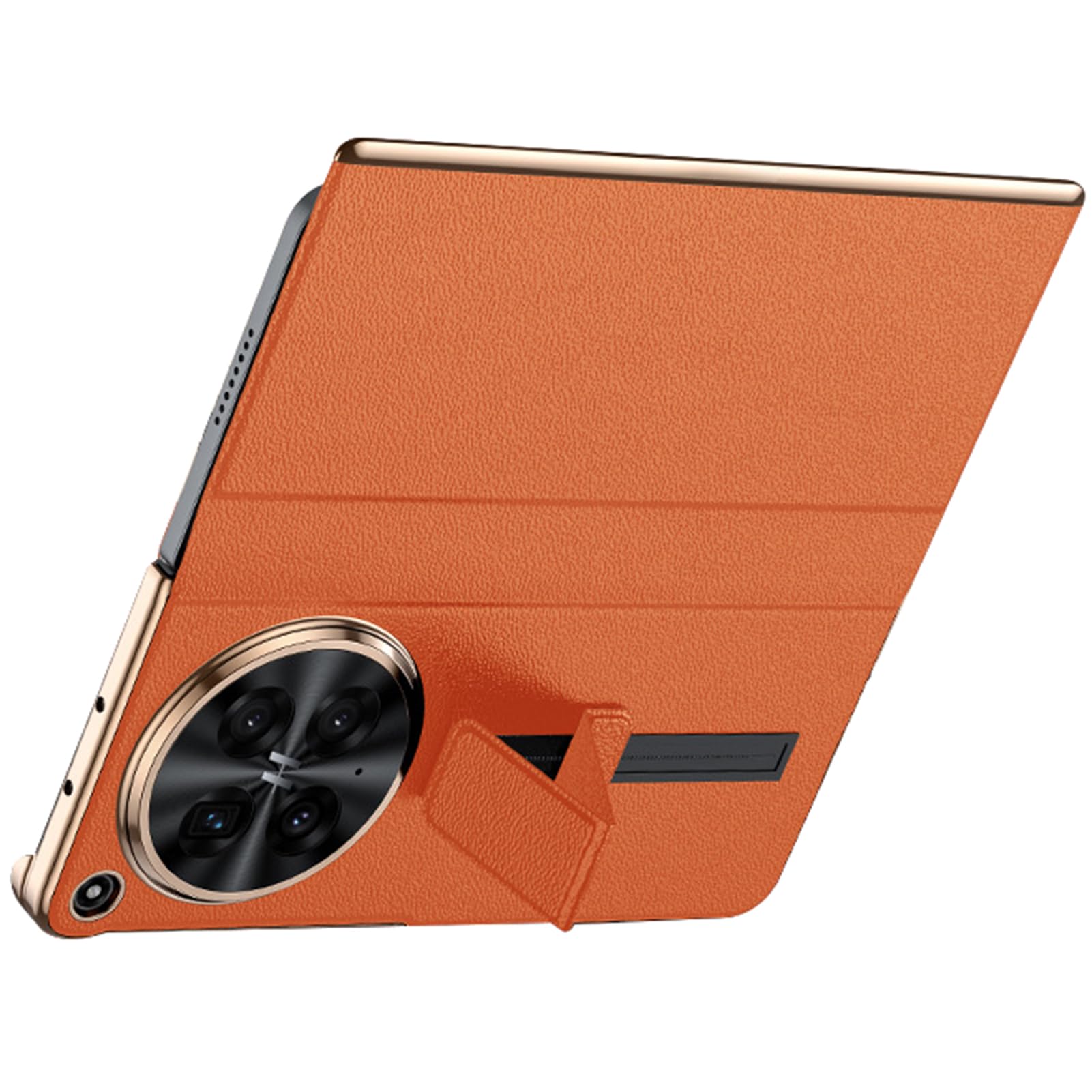 LUOTANL Plating Case for Oppo Find N6, Finger Strap Genuine Leather Case Flip Folio Magnetic Closure Protection Cover,Orange,N6