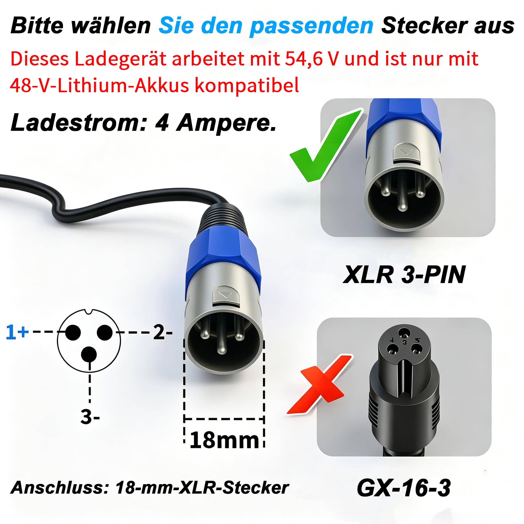 Chargeur 54,6 V 2 A pour scooter électrique, compatible avec batteries au lithium 48 V | XLR 3 broches, indicateur de tension LED, ventilateur, fonctions de protection, convient également pour les vélos électriques
