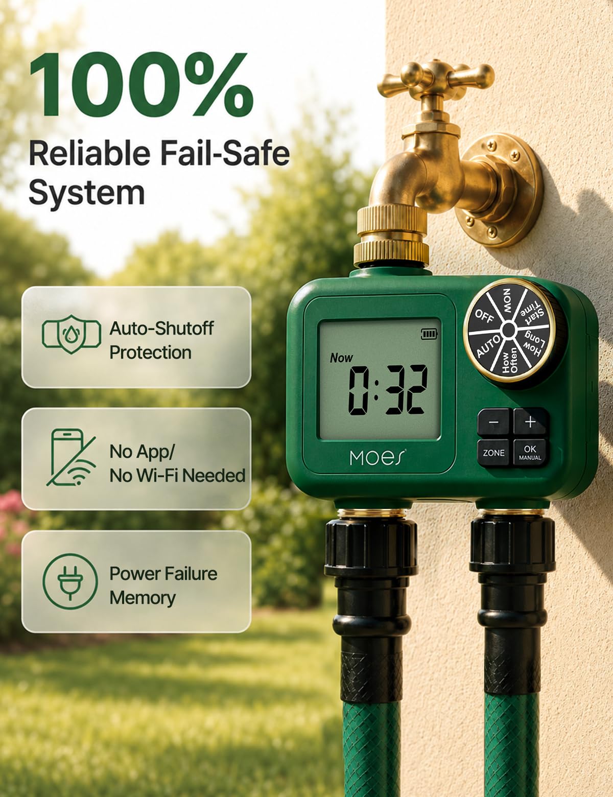 MOES Timer dell'acqua a 2 zone per tubo da giardino - Ingresso e prese in ottone da 3/4", timer indipendente a doppia uscita, controller di irrigazione programmabile con ritardo pioggia e modalità
