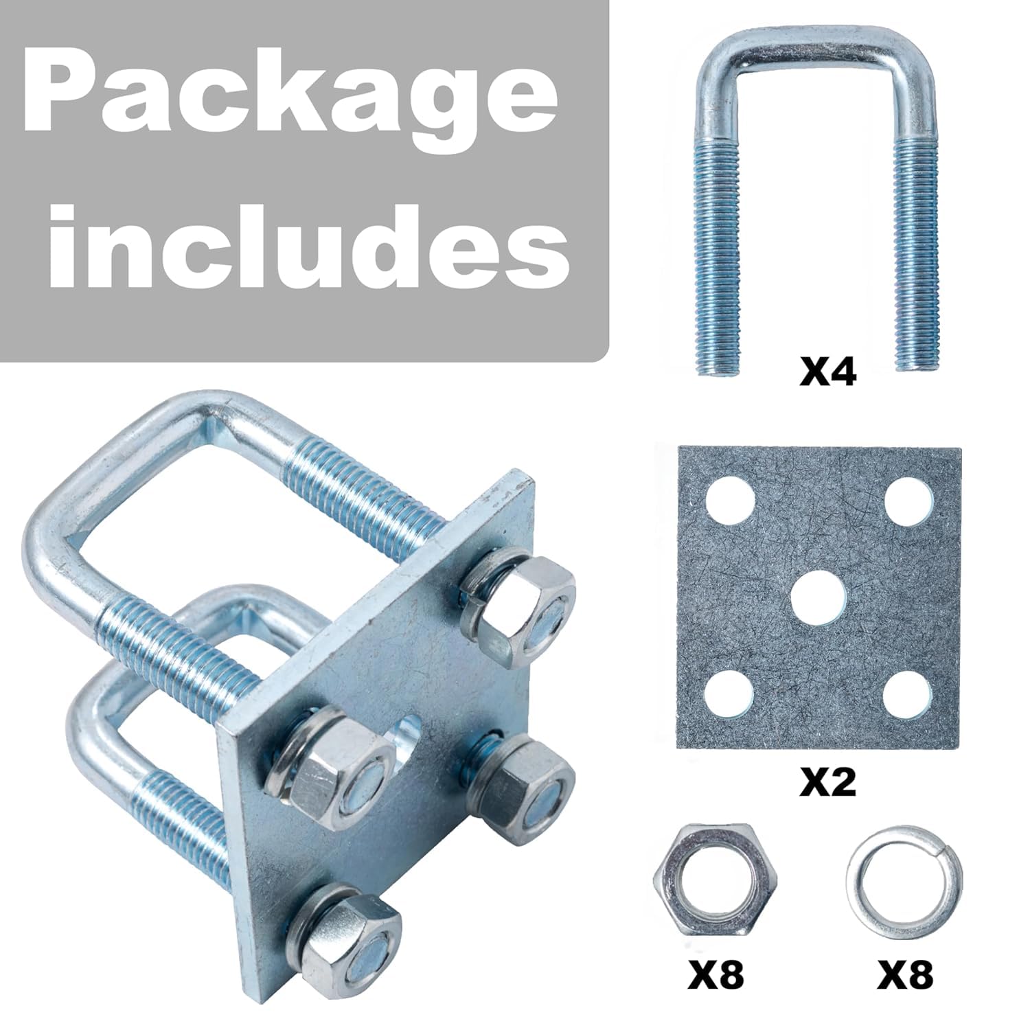 2 Pack Heavy-Duty Square U-Bolt Kit for 2x2 Square Tube, Includes Nuts, Washers and Frame Plates, Rust-Resistant for Boat & Automobile Trailers