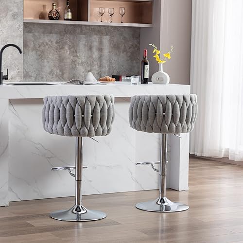 Miniatura 8 de Ya-Home Juego de 2 taburetes de bar modernos, taburetes de bar ajustables de lino con respaldo de barril, cómodas sillas de bar tapizadas con base
