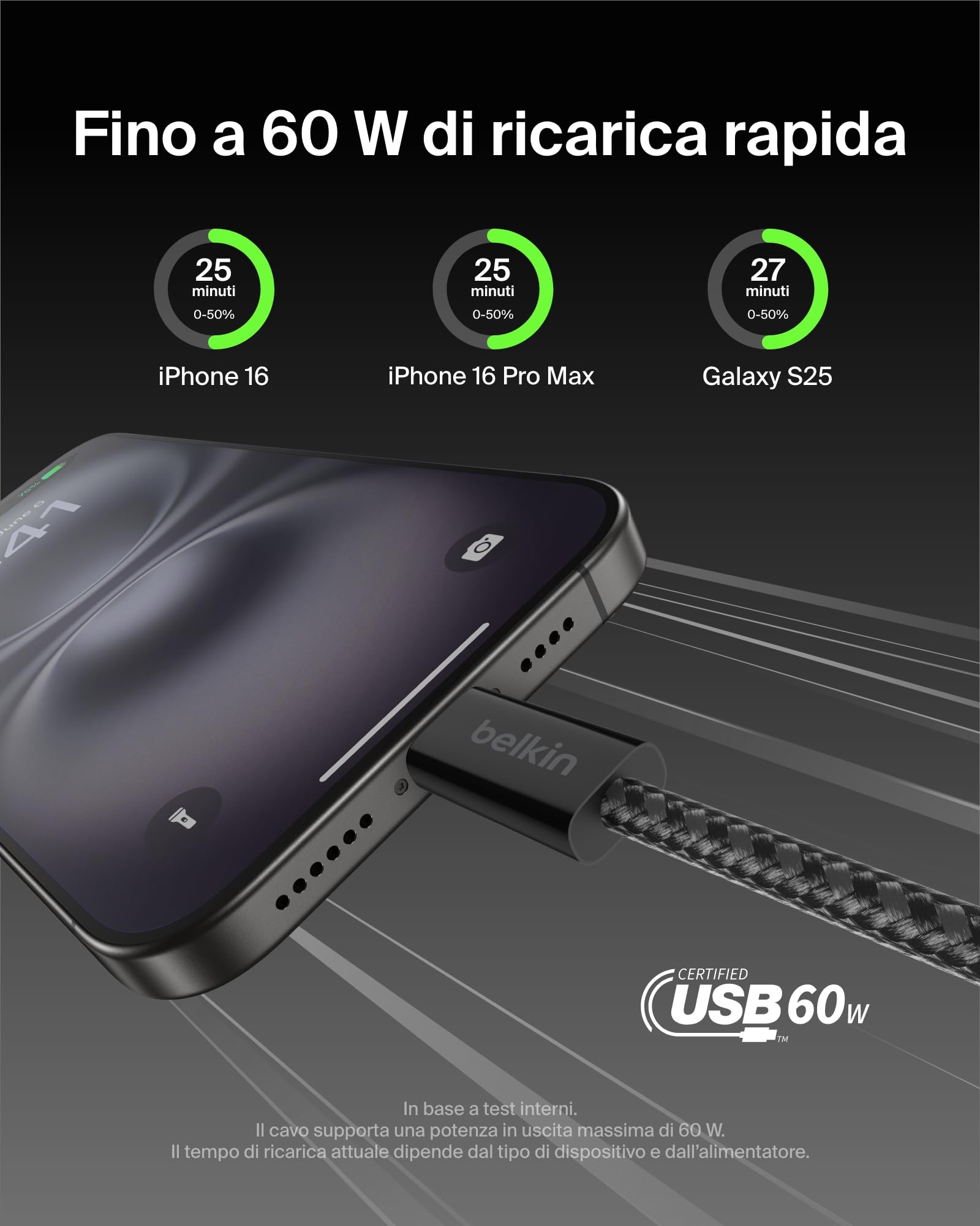 Belkin Confezione da 2 cavi intrecciati da USB-C a USB-C da 1,5 m, 60 W, cavo flessibile per ricarica rapida, cavo Type-C per iPhone 16 e iPhone 15 series, Galaxy S25, Pixel 9, iPad Pro e altri, nero