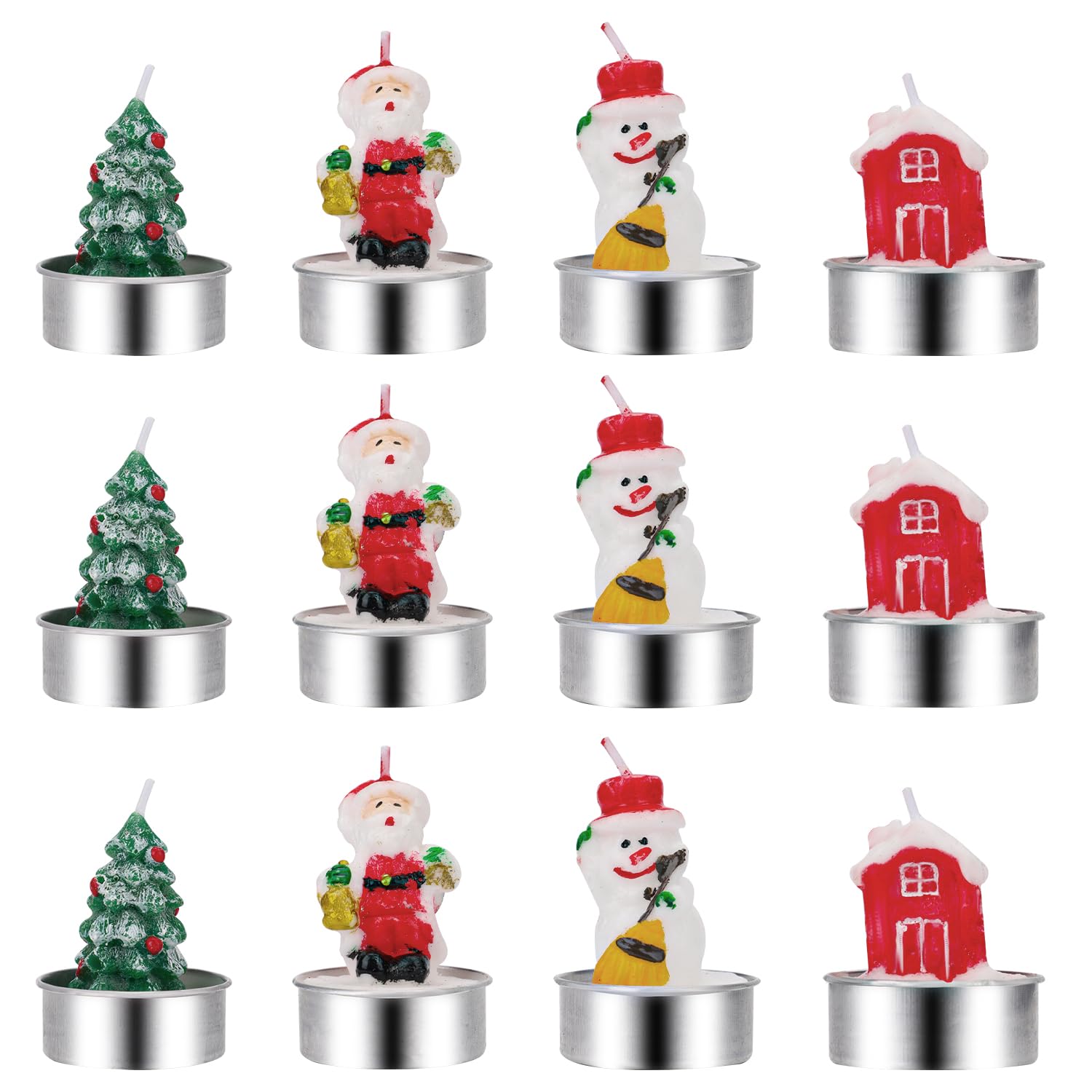 12pcs Christmas Shaped Candles, Snowman, Santa Claus, Cabin, Xmas Tree Candles Novelty Christmas Tealight Candles Ornament for Home Party Decoration