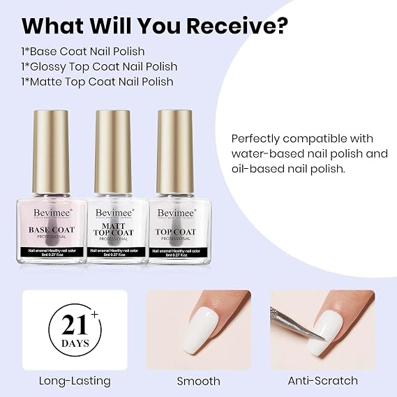 Base and Top Coat Nail Polish Set Quick Dry, 3Pcs No Wipe Shiny/Matte Top Coat for Fingernail Non Gel Air Dry Fast Clear Nail Polish No Chip Nail Protective DIY at Home