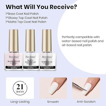 Base and Top Coat Nail Polish Set Quick Dry, 3Pcs No Wipe Shiny/Matte Top Coat for Fingernail Non Gel Air Dry Fast Clear Nail Polish No Chip Nail Protective DIY at Home