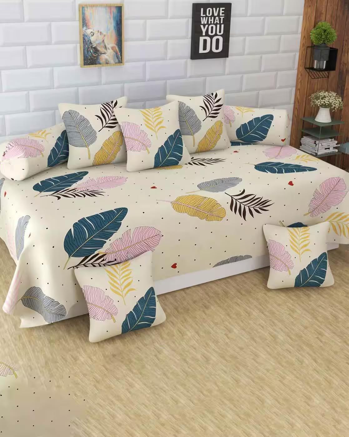 Printed Diwan Set with Cushion & Bolster Covers – Glace Cotton Fabric | 1 Single Bedsheet (60x90 Inches) | 5 Cushion Covers (16x16 Inches) | 2 Bolster Covers (16x32 Inches) (Cream)-image-0