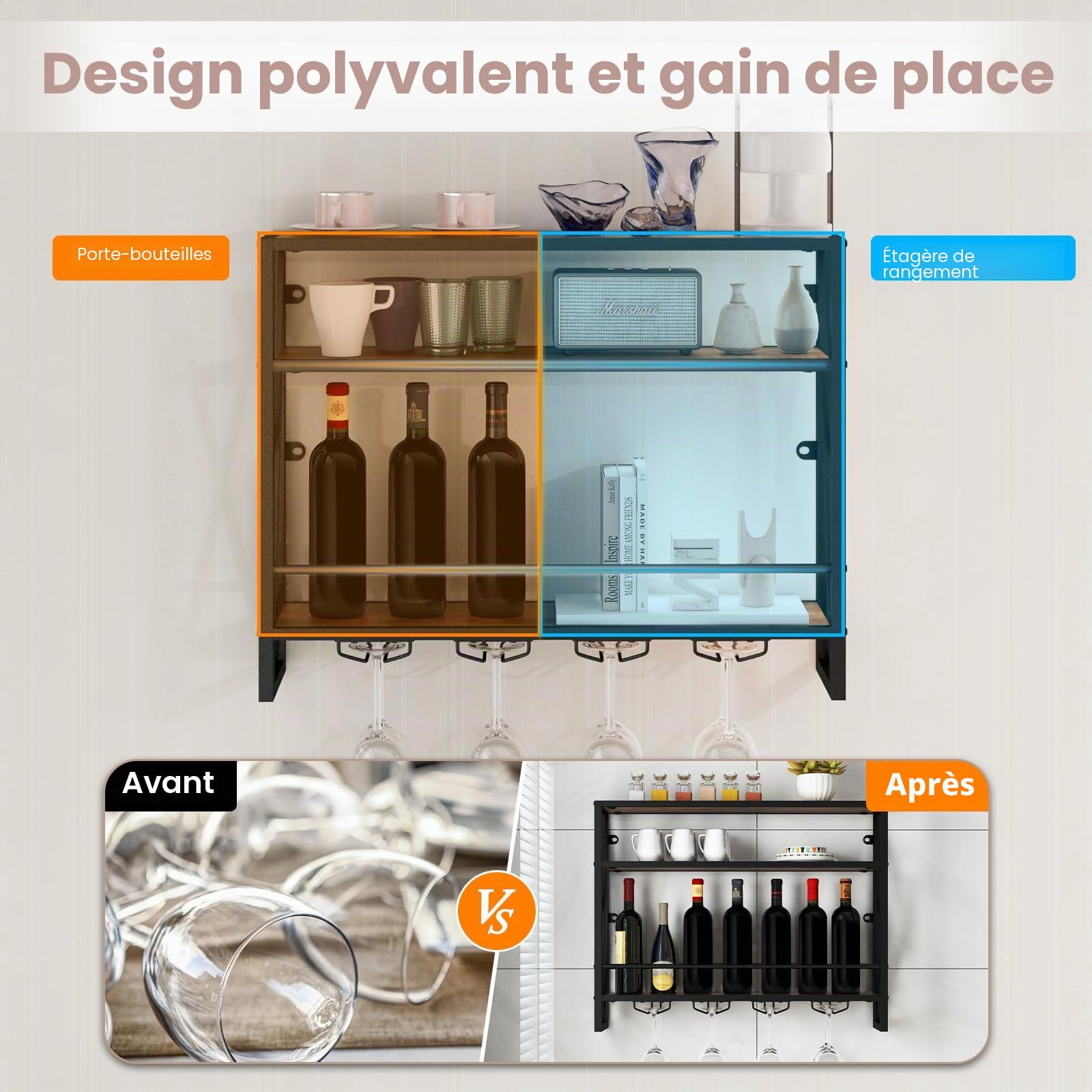 GIANTEX Étagère mural à vin à 3 niveaux avec support en verre - Étagère en bois et métal - Industrielle flottante pour cuisine, maison - 80 x 20 x 63 cm