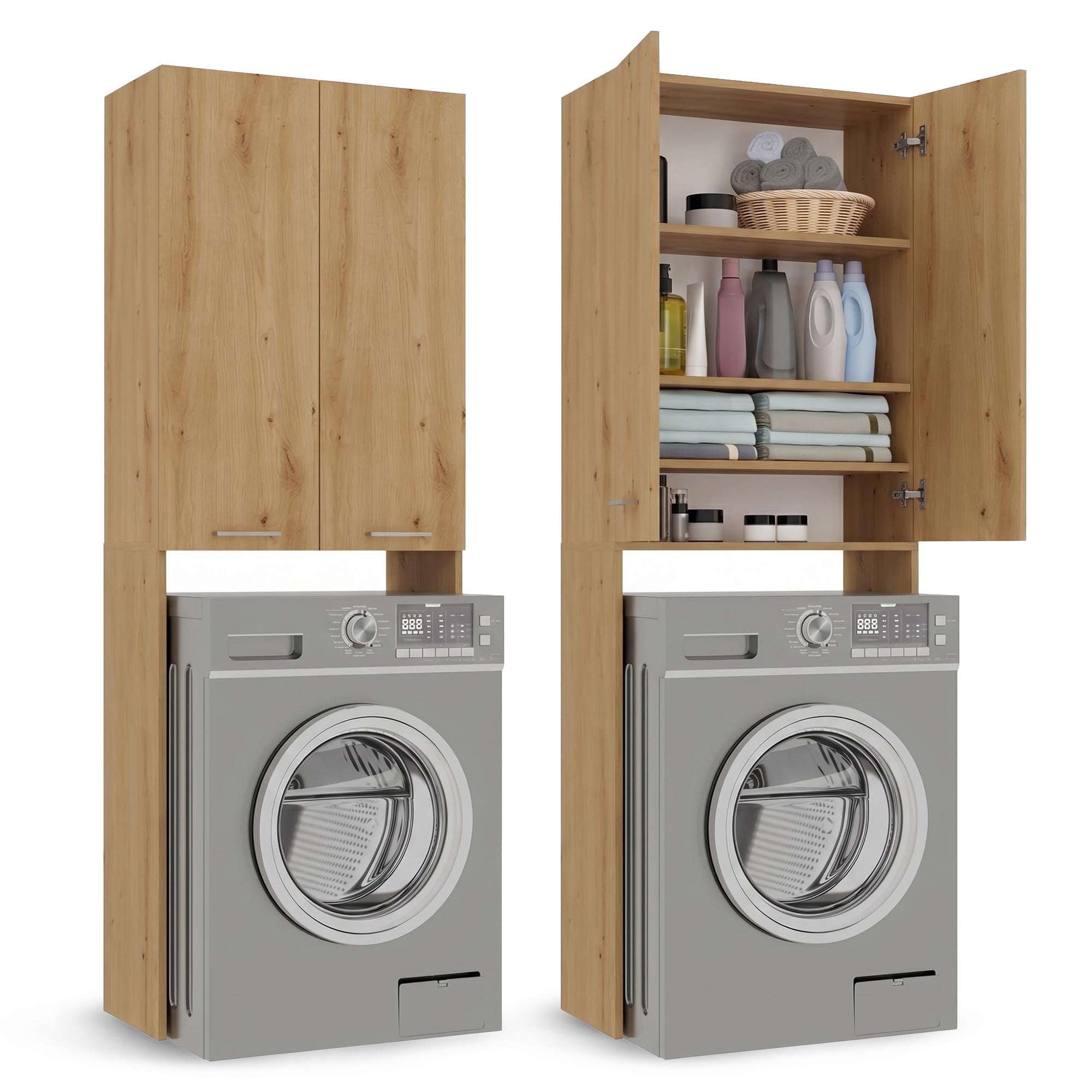 CDF Mueble Alto para Lavadora Secadora Armario Alto de Baño WC Cocina con 4 Estantes 2 Puertas Columna Organizador Cosméticos Detergente Estantería Moderna – Roble Artisan