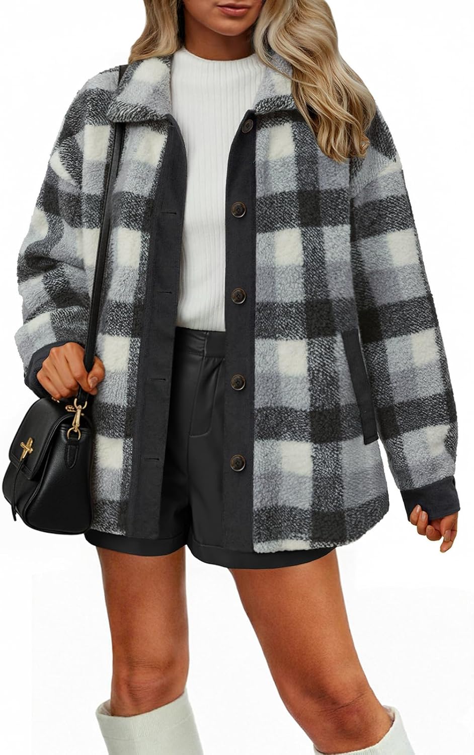 LILLUSORY Flannel Sherpa Jackets for Women Fleece Shackets Plaid Button Down Jacket Winter Coats