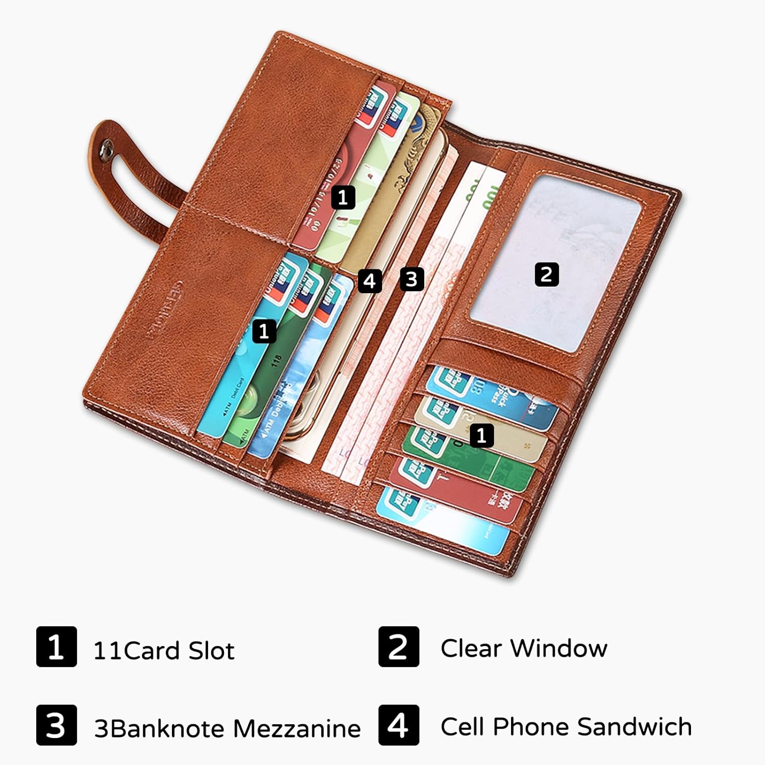 PORRASSO Wallet Men's RFID Blocking Wallet Genuine Leather Card Holder Long Wallet with 12 Card Slots Coffee