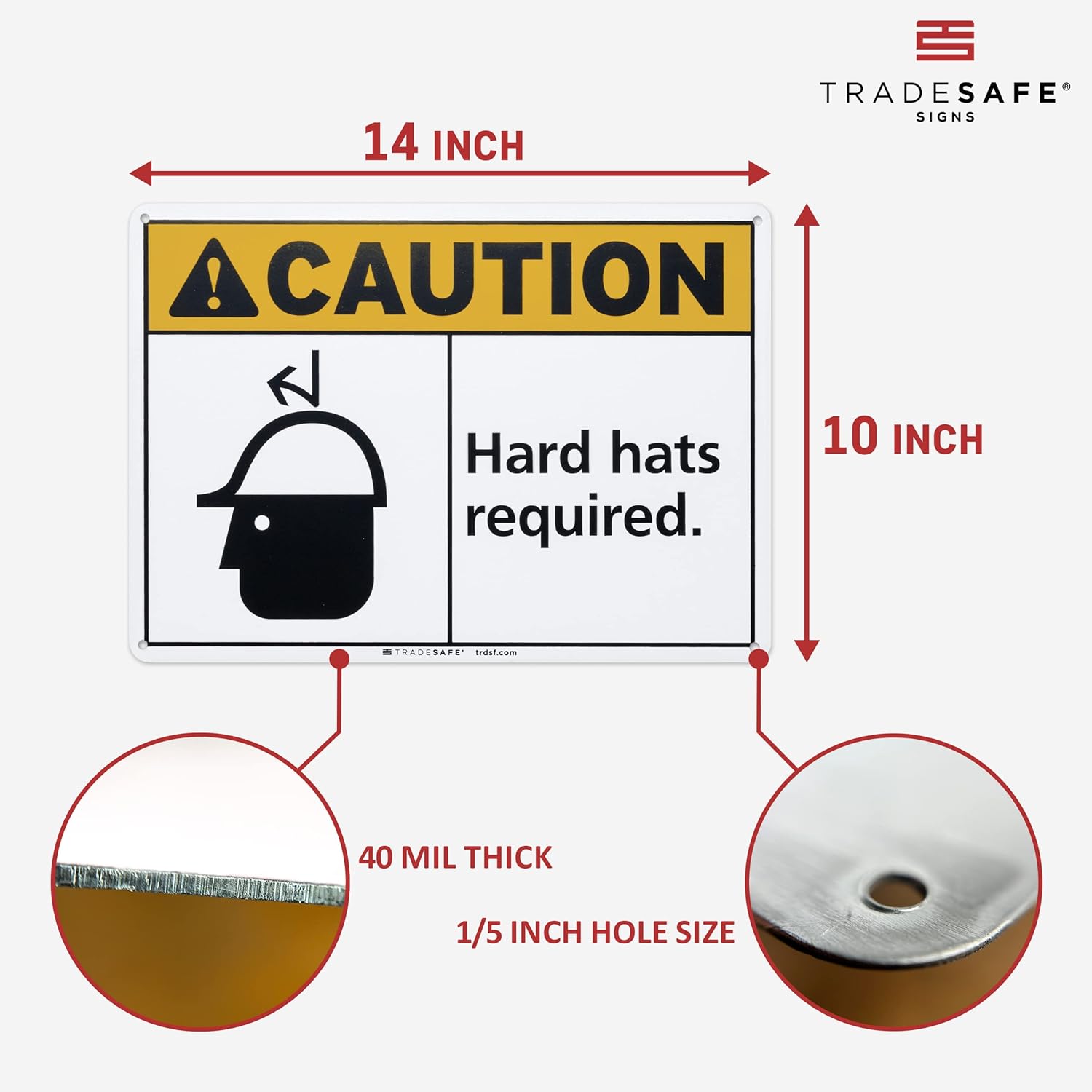 TRADESAFE Hard Hats Required PPE Sign – Work Area Sign, Quick Install Aluminum Safety Sign, Light Reflective, UV-Resistant, Waterproof, 14” X 10” PPE Safety Signs For Business