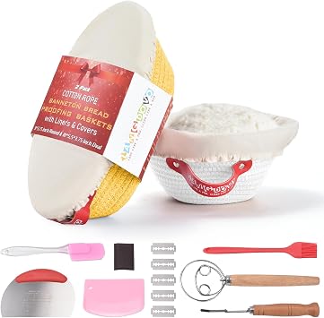 Banneton Bread Proofing Basket Set Made with Cotton Rope,Sourdough Starter Kit with Liners&Covers,bread basket for Artisan Baking, Round&Ova Sourdough Bread Baking Supplies Gift Set