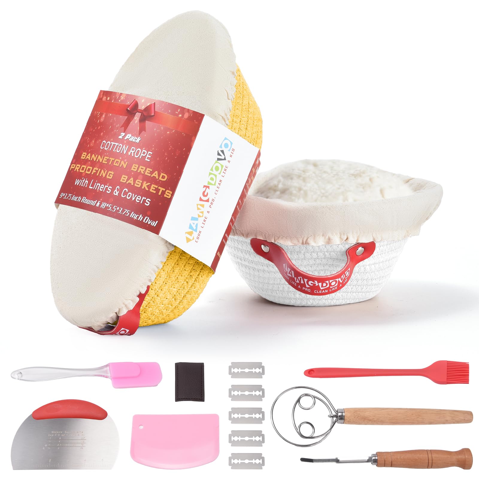 Banneton Brotgärkorb-Set aus Baumwollseil, Sauerteig-Starter-Set mit Einlagen und Abdeckungen, Brotkorb für handwerkliches Backen, rundes und ovales Sauerteig-Brot-Backzubehör, Geschenk-Set