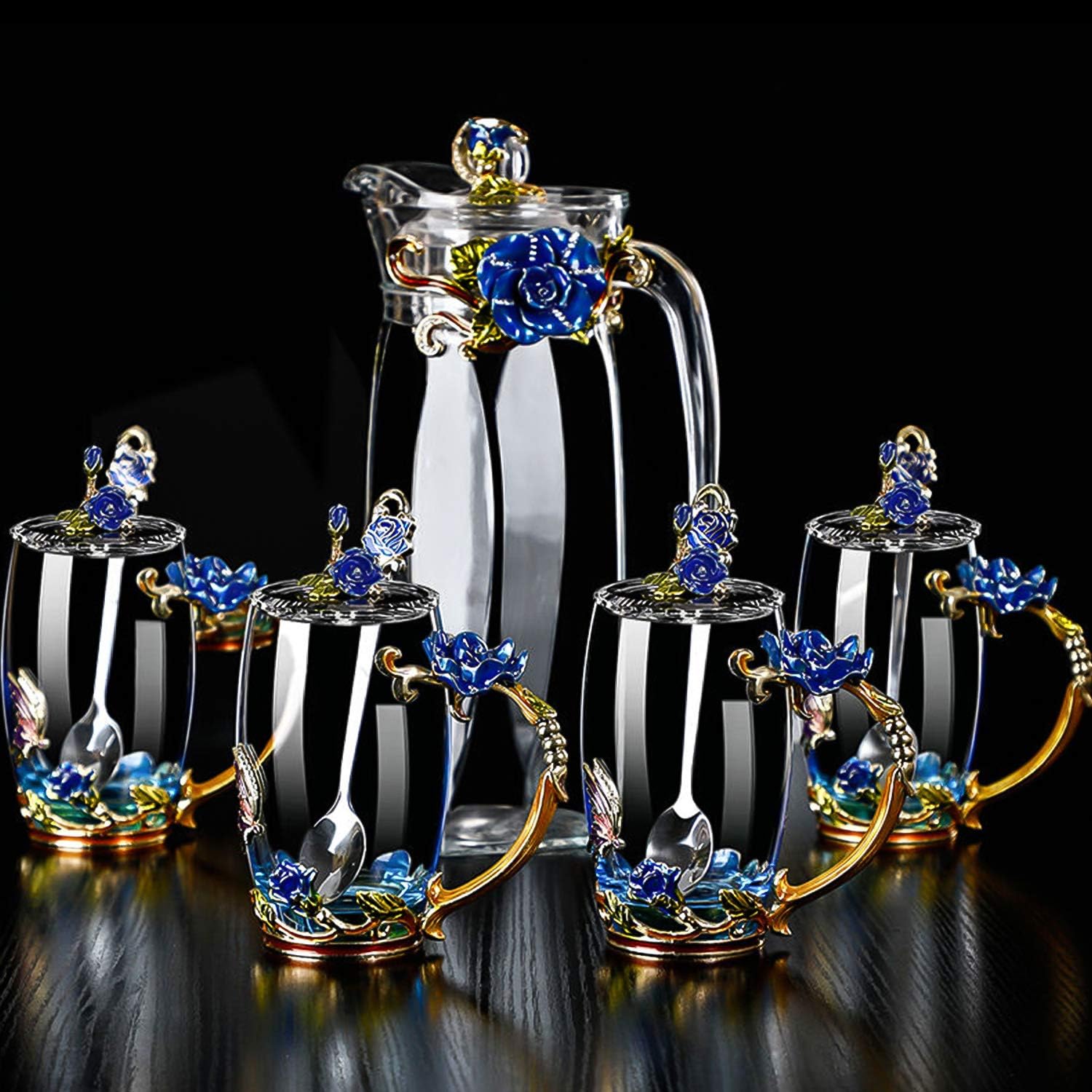 🔥 Hot Deals Crystal Glass 3D Butterfly Flower Tea Cups, Coffee Cup Mug Set, Including 4 Fancy Glass Teacup with Spoon & Flower Tea Steeping Mug with Lid, Gift Box Package, A Great Gift Present Idea. (Blue 12oz)