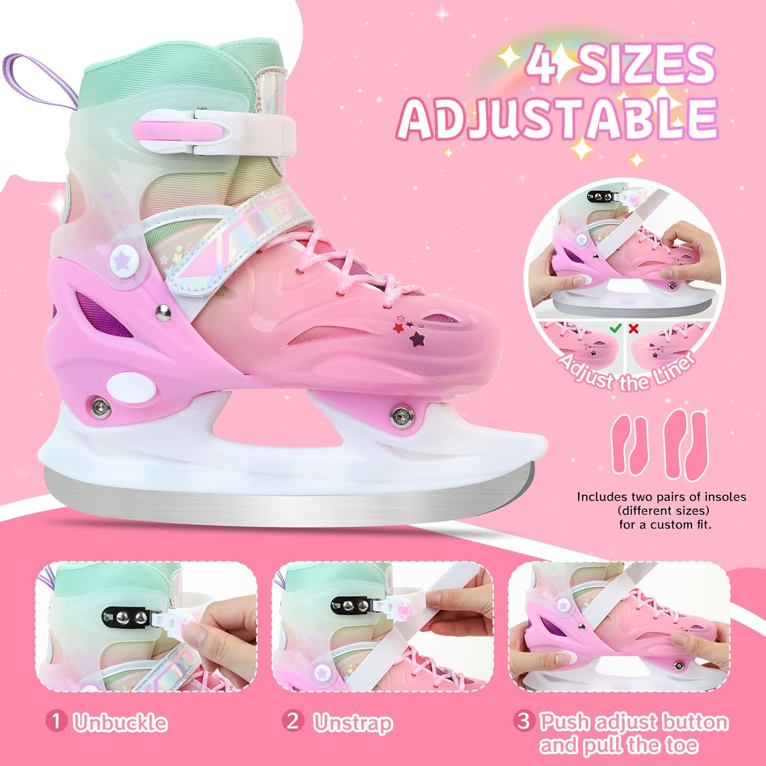 Adjustable Girls Ice Skates for Kids - Ice Skating Shoes - Hockey Lace-Up Skates for Youth Beginners,Pink Blue Green