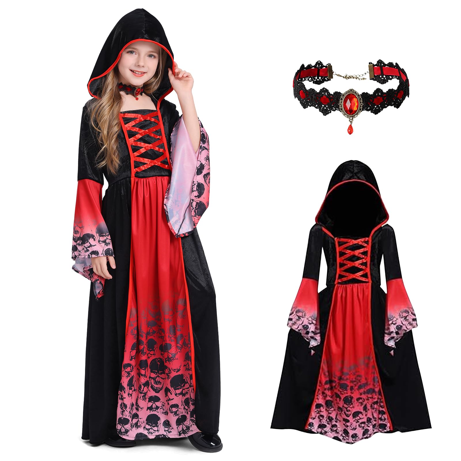 FORMIZON Costume Vampiro Bambina, Costume Da Vampiro Gotico Per Halloween Costume Di Vampiro Nero E Rosso Gonna Vampiresa Costume Ragazza Per 4 9 Anni Per Carnevale Cosplay A Tema Vampira 0 3