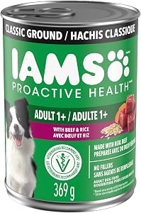 IAMS Proactive Health Adult Wet Dog Food – Beef & Rice – Classic Ground – 369G Can (13 oz) (12pack)