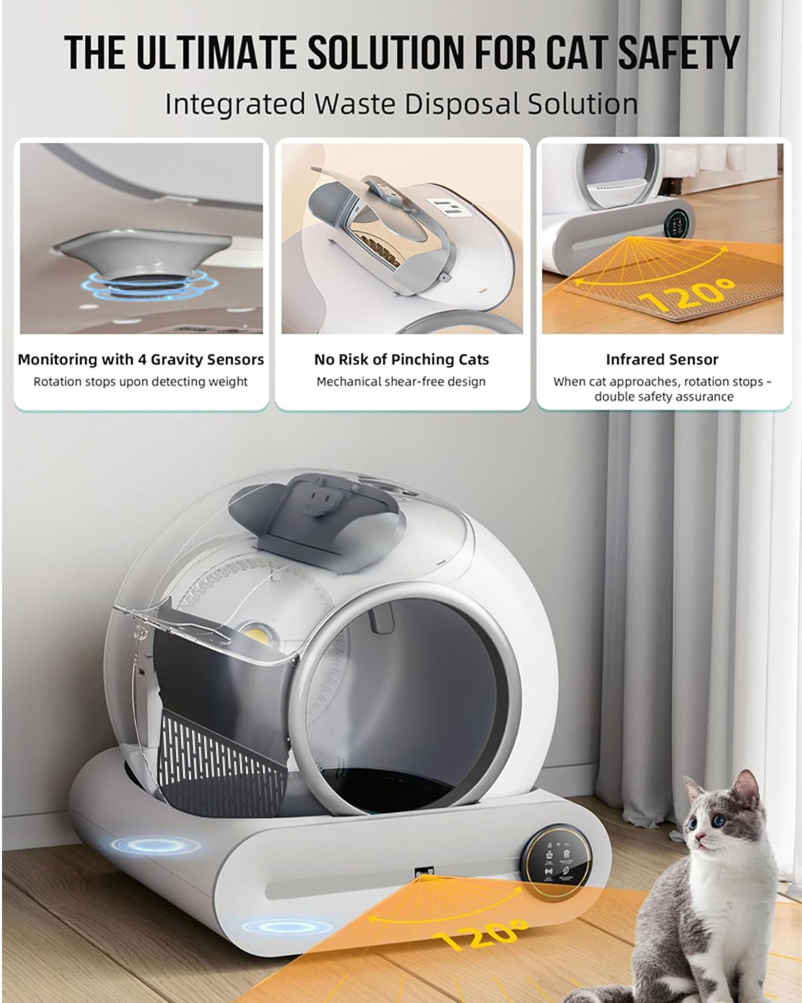 Arenero Gatos Autolimpiable,Arenero Inteligente para Gato con Control App, Sin Fugas Orina, Eliminación de Olores