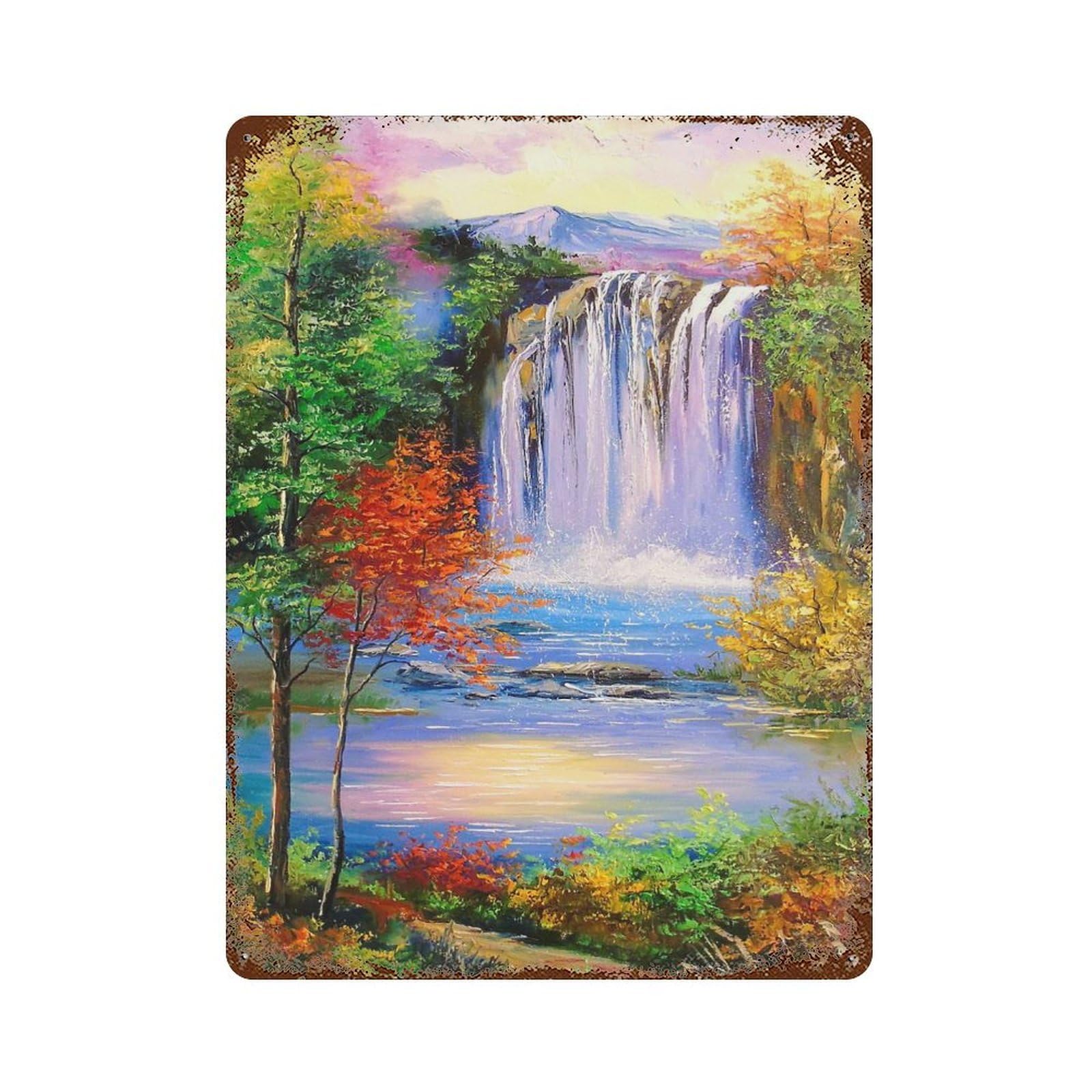Mountain Waterfall Rust Effect Tin Sign 15.7"x11.8", Farmhouse Wall Decor for Farmhouse, Kitchen And Entryway Decor