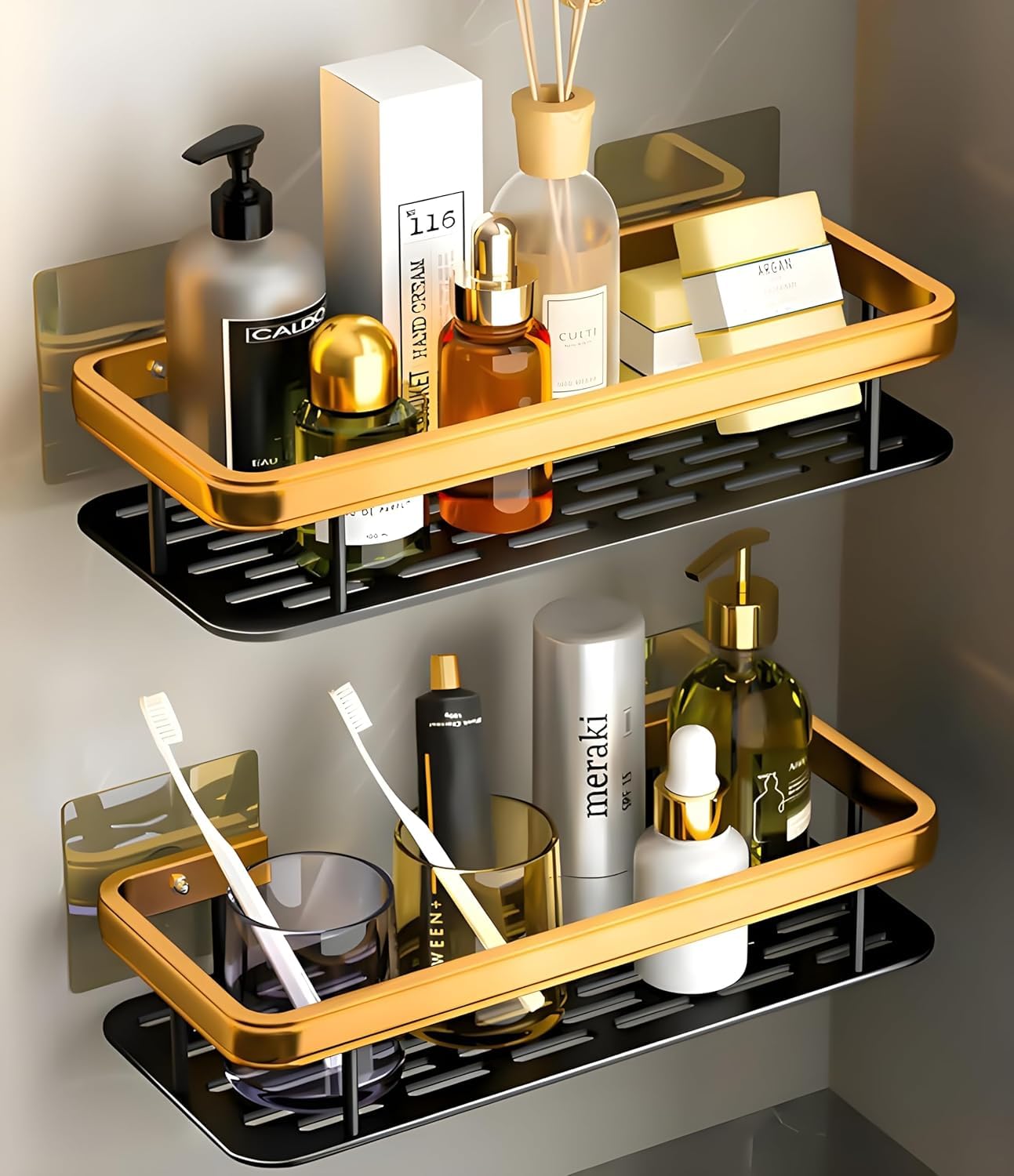 GVB ENTERPRISE Multipurpose Self-Adhesive Aluminium Bathroom Wall Mounted Storage Organizer Shelf Holder/Rack/Bathroom Accessories (Pack of 2, Gold)
