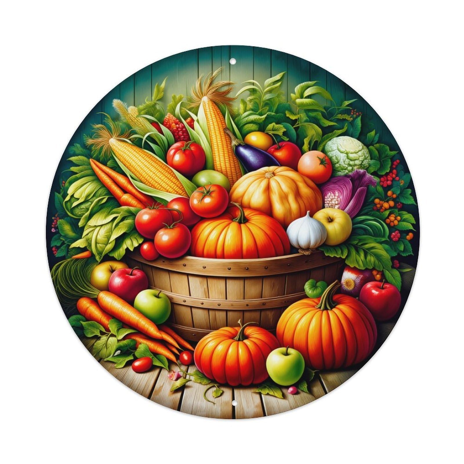 Harvest Bounty Autumn Vegetables Fruit Round Tin Sign Vintage Metal Poster, Home Bar Garage Man Cave Cafe Indoor & Outdoor Wall Decoration 8x8Inches