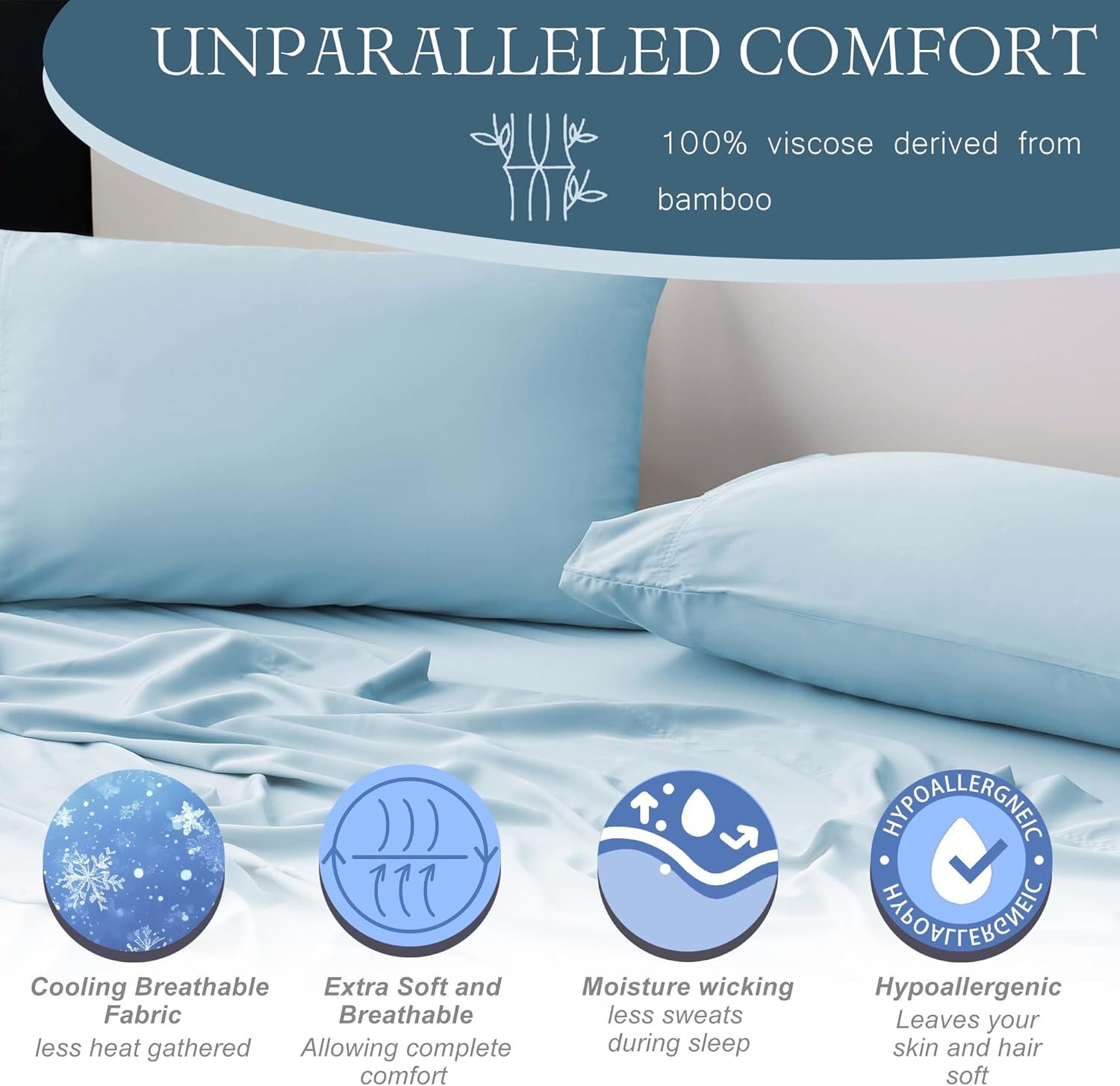 Viviland Cooling King Sheets, Bamboo Viscose with Elastic Corner Straps, Sky Blue Cold Siky Sheet & Pillowcase Sets for Hot Sleepers