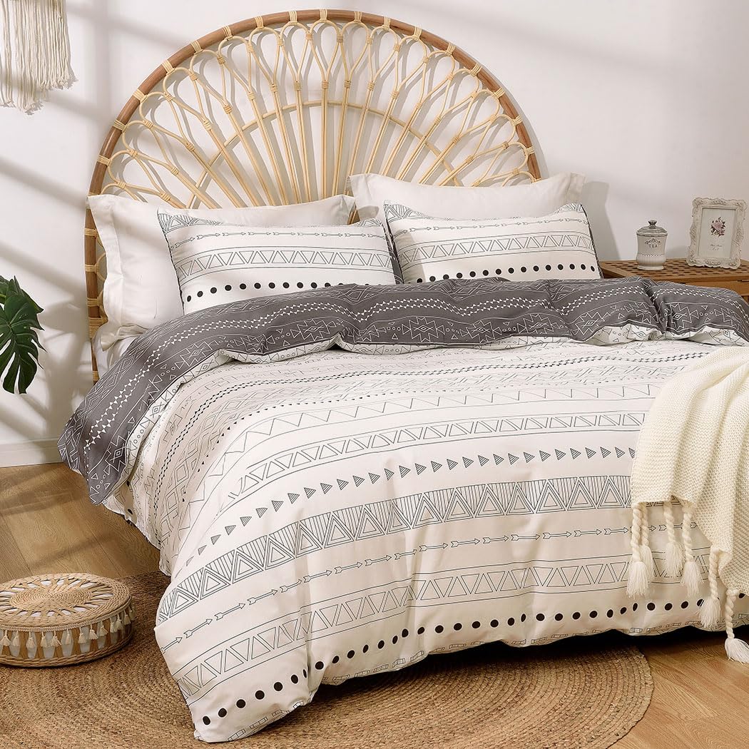 Cotton Duvet Cover King Size, 100% Washed Cotton Beige Reversible Floral Duvet Cover Set Garden Style Duvet Cover Set 3 Pcs Soft Bedding Set with Zipper Closure and 4 Ties