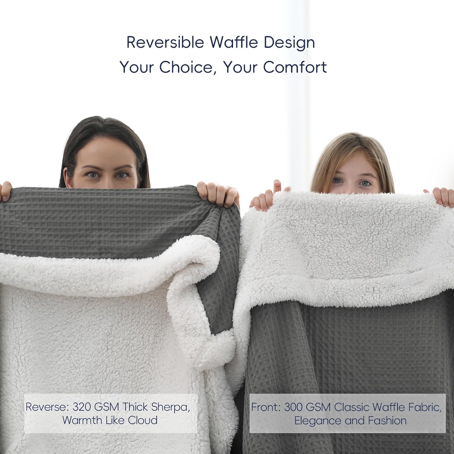 PHF Waffle Sherpa Blanket Queen Size, 90x90 Inches Luxury Plush Flannel Fleece Blanket for Winter, No Shed No Pilling, Cozy Soft & Reversible Waffle Weave Bedding for Home Decor, Grey - Image 3