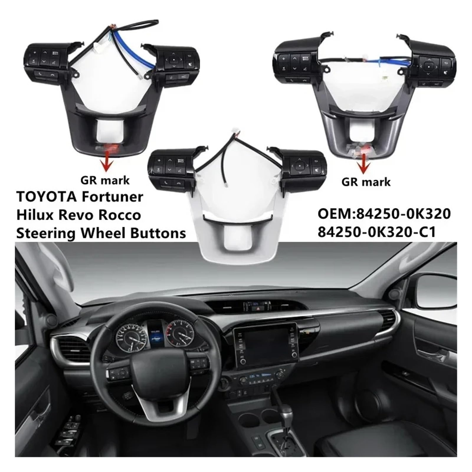 Volante Multifunción Botón Para Toyota Para Hilux Para Revo Para Rocco Para Fortuner Interruptor De Control Botón Volante Coche 84250-0K320 84250-0K320-C1(Black 1)