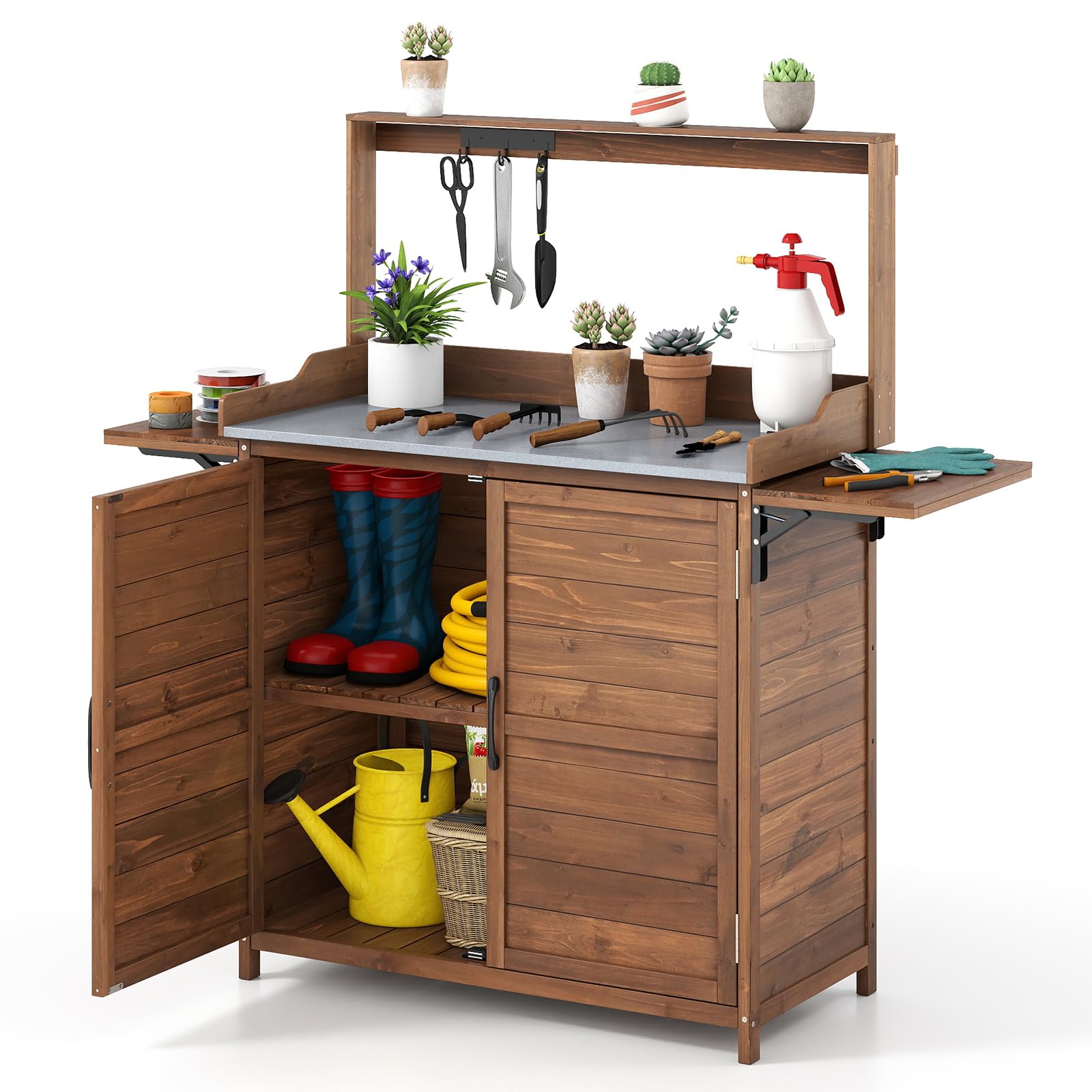 COSTWAY Mesa de Trabajo para Exteriores, Mesa de Jardinería de Madera con Tablero Metálico, Armario, Estantes Laterales Plegables, Estante Ajustable, Banco de Trabajo para Jardinería y Plantación