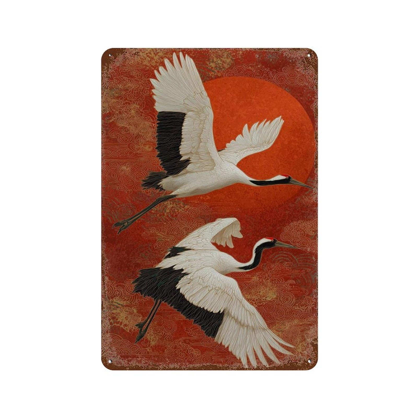 xiaoxiaoshen Japanese Crane Red Sun – Elegant Oriental Bird with Flying Cranes & Gold Pat Wall Decor Art Metal Tin Poster Modern Home Decor Art Home Bar Shop Decorations Vintage Sign 30x20cm