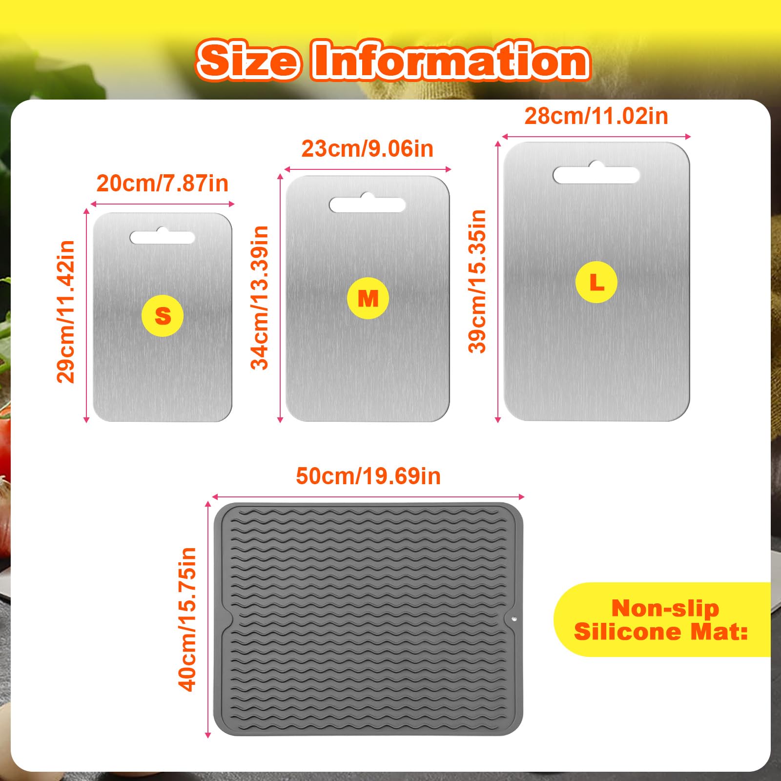 3 Pièces Planche Decouper Titane avec Tapis Silicone, Planches Cuisine Acier Inoxydable, Cutting Board Face Double Qualité Alimentaire,Planche Hygiénique Lave-Vaisselle pour Viande,Légumes et Fruits