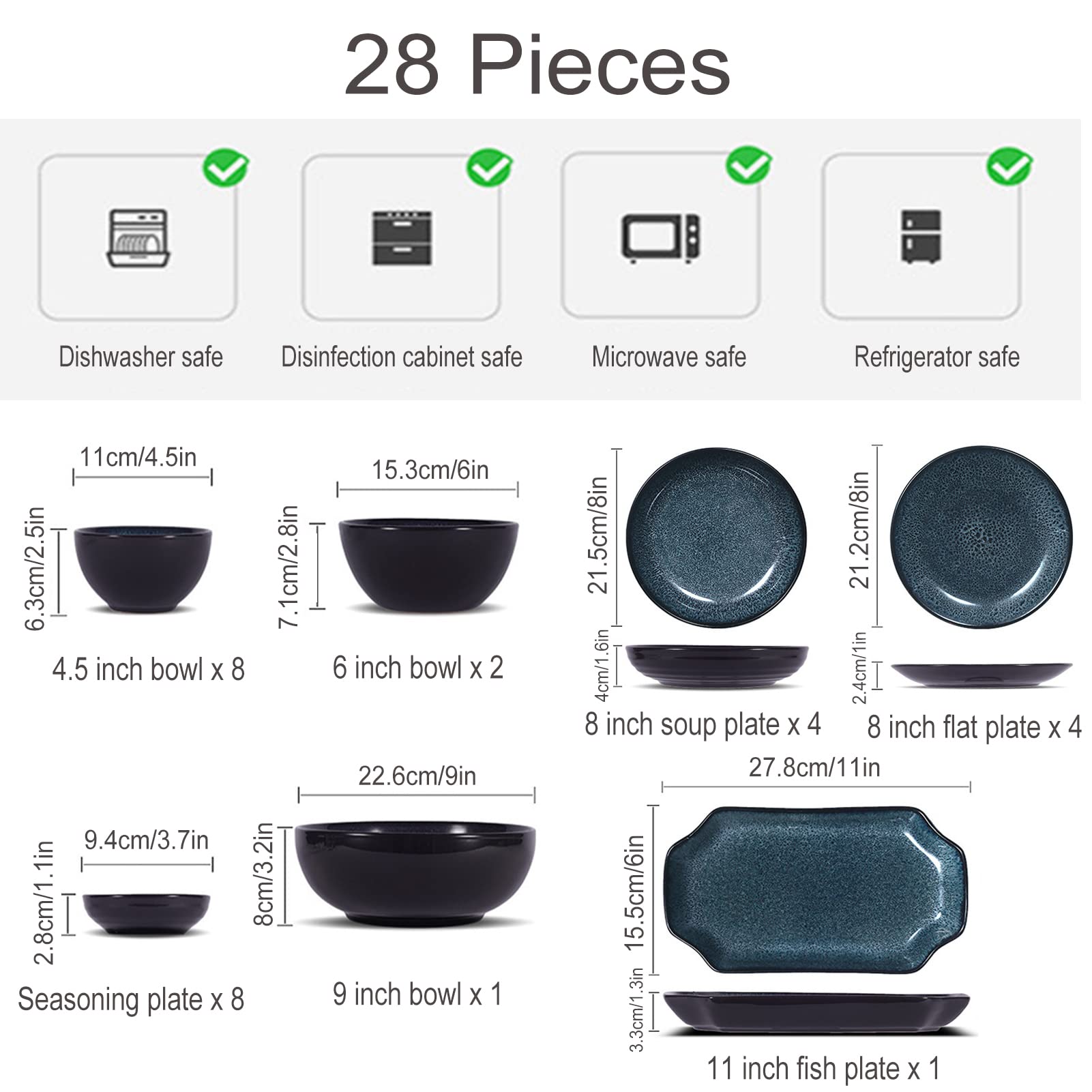 28-częściowy porcelanowy zestaw zastawy stołowej zawiera talerze obiadowe, talerze do zupy i miski, zestawy okrągłych talerzy i misek, zestaw naczyń kuchennych, okrągły zestaw obiadowy