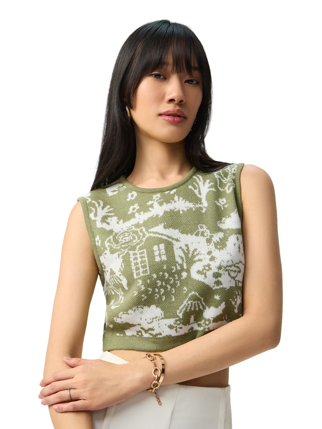 Jacquard Vest: Landscape Women and Girls Sleeveless Round Neck Green Jacquard Knit Regular Fit Lightweight Easy to Style Trendy Casual Winter Crop Top