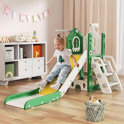 BIERUM - Tobogán 5 en 1 para niños pequeños - Tobogán en forma de L para niños de 1 a 3 años con aro de baloncesto, juguete telescópico y