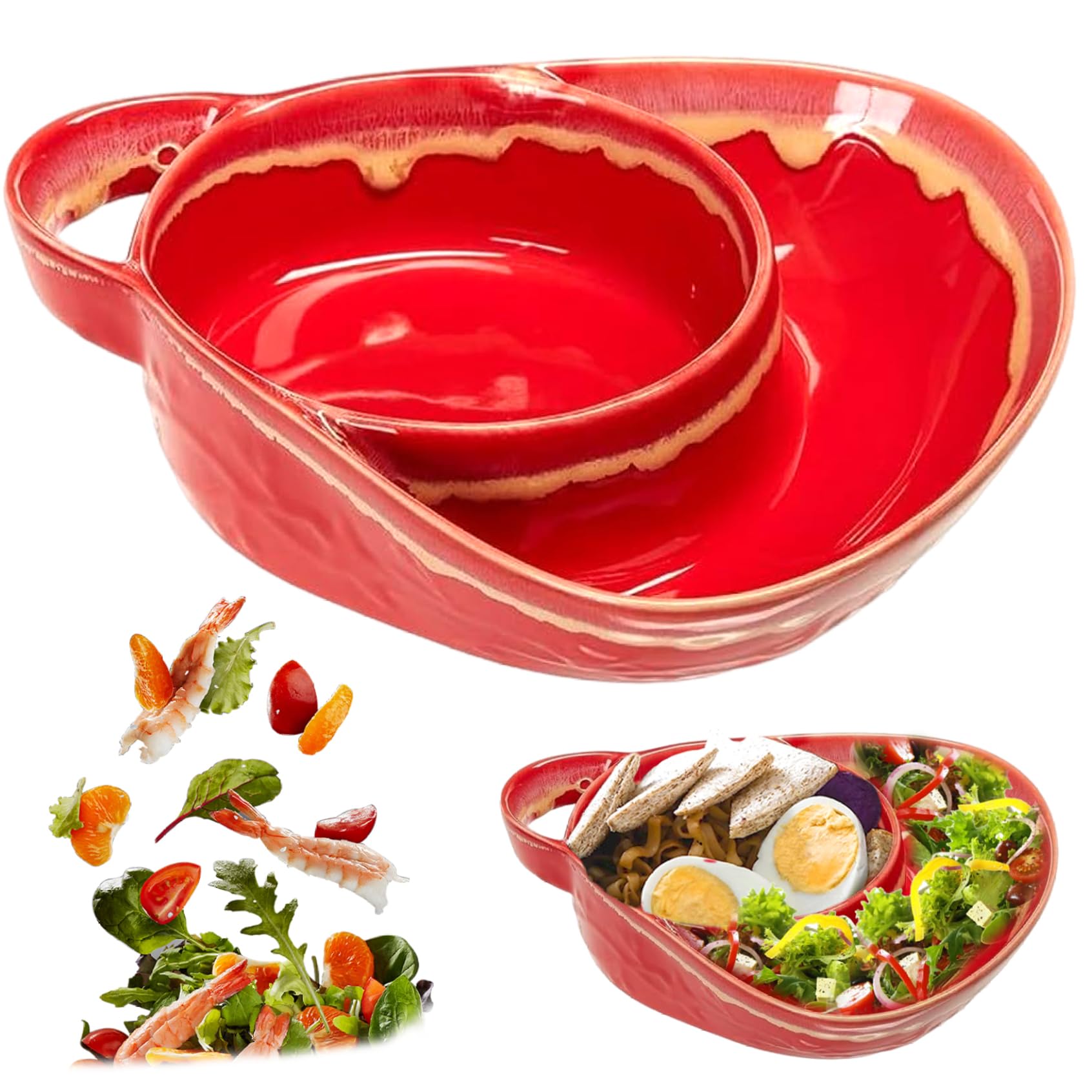 Hperu Red Split Cereal Bowl, Heat-Resistant Fan Shape Ceramic Split Bowl - Anti-Soggy Cereal With Retro Handle For Breakfast - Soup And Sandwich Plate Combo