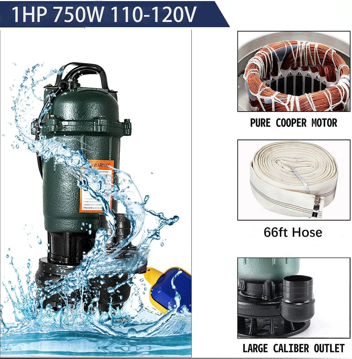 Sump Pump,1HP 4000GPH Submersible Clean Dirty Water Pump with Automatic Float Switch and 66FT Hose,Submersible Sewage Utility Pump for Pools, Garden,Pond,Irrigation,Flooded Areas