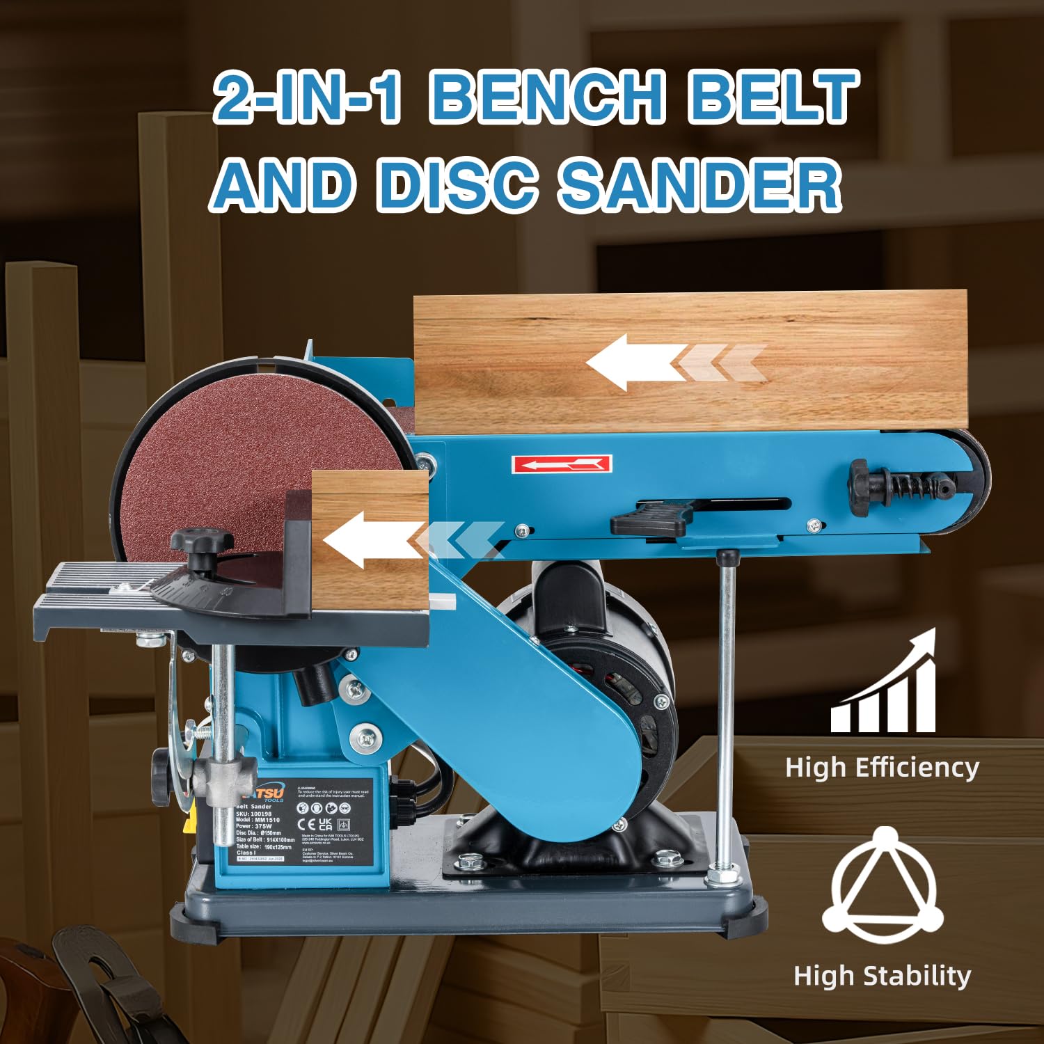 KATSU Tools Lijadora de banda y disco 375 W – disco 150 mm, banda 100×914 mm, mesa ajustable, extracción polvo, madera/metal/plástico | Mesa ajustable y extracción de polvo, ideal para madera y metal, acabado preciso, modelo 100198