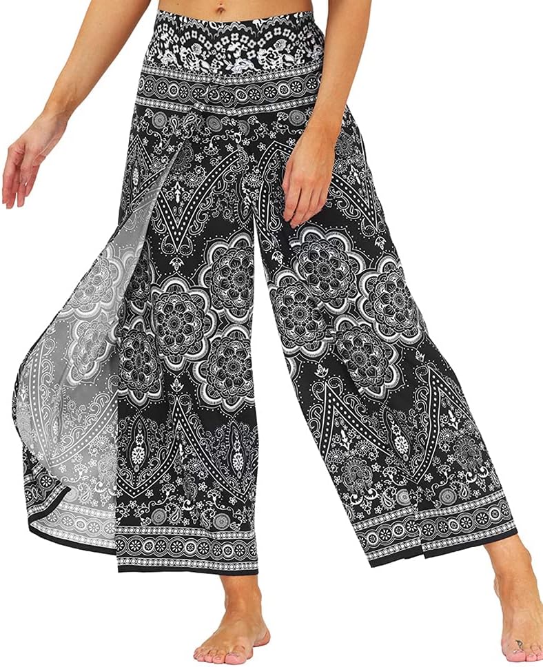 Ainuno Boho Pants Wide Leg Palazzo Pants with Slits for Women Flowy Hippie Pant Thin - Image 3