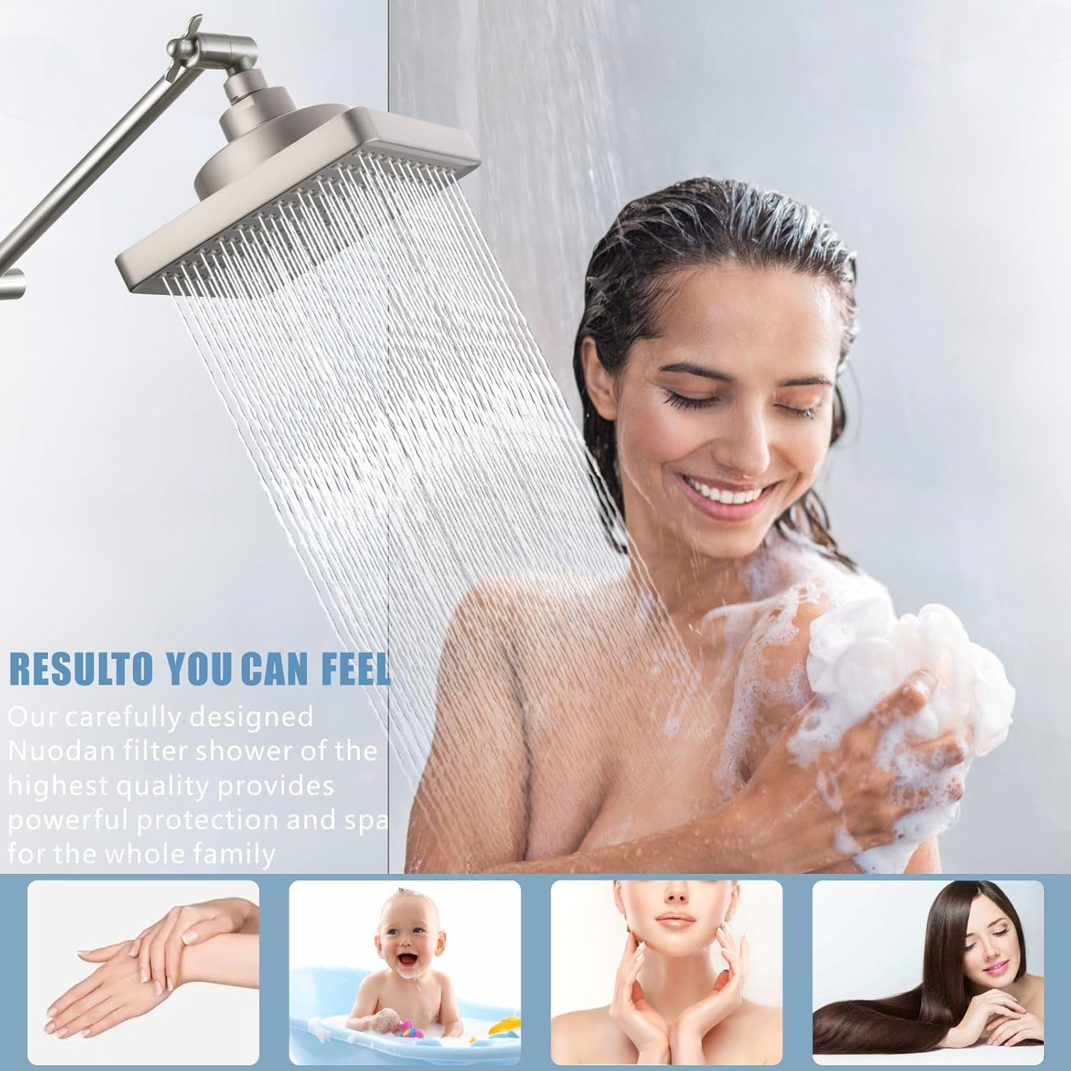 6" Square High Pressure Filter Rain Shower Head with 3 Pack Filtered Cartridges, Brushed Nickel