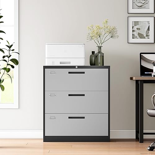 Miniatura 4 de Archivador lateral de 3 cajones con cerradura, archivador de metal, archivadores anchos de acero con mecanismo antiinclinación para oficina en