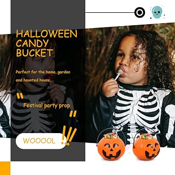 2 Pack Halloween Pumpkin Buckets: 6.7 in Mini Halloween Portable Pumpkin Bucket - Trick or Treat Candy Pail Holder for Candy Party Favor,Decoration Props (Plastic)