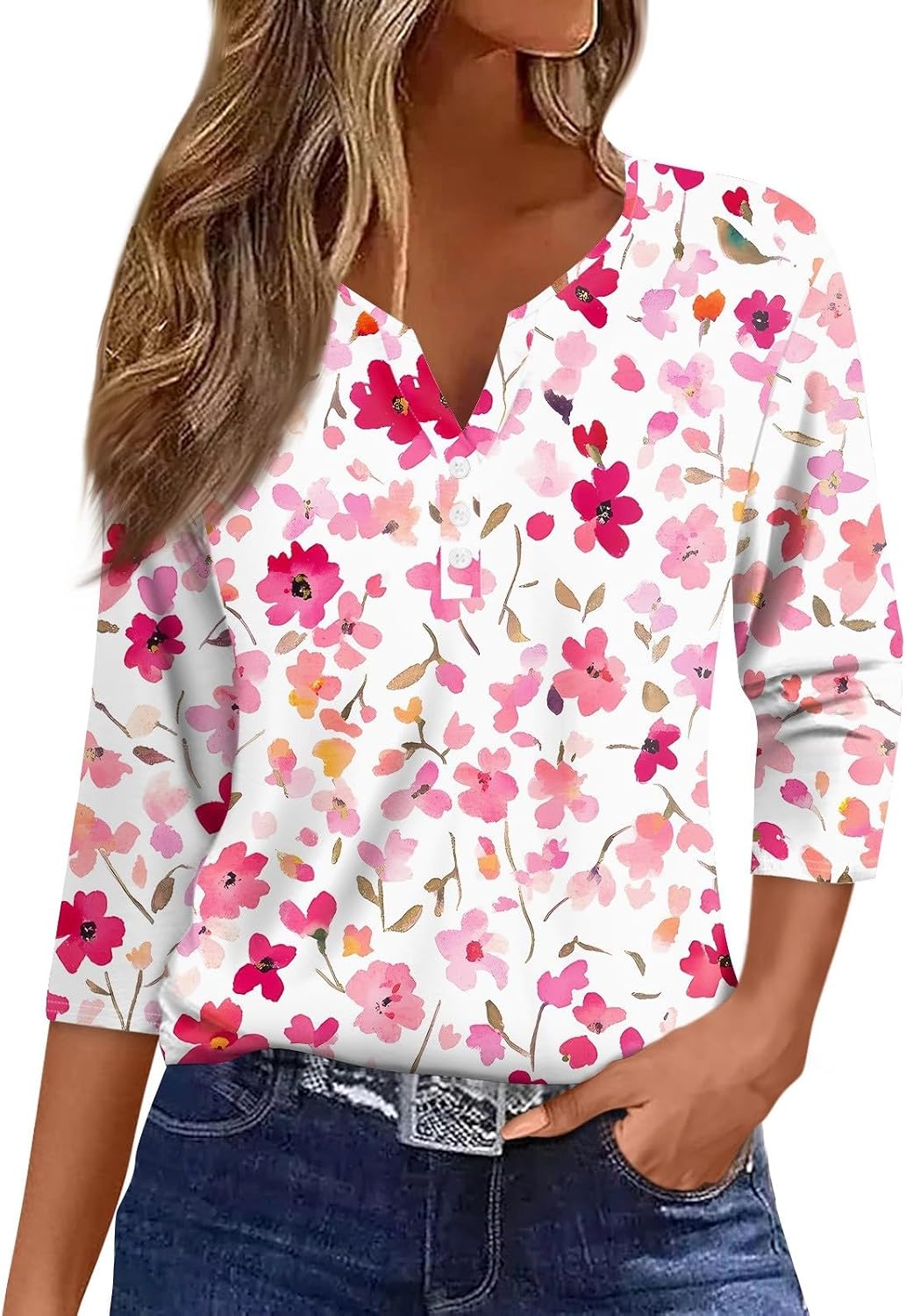 Womens Trendy 3/4 Sleeve Loose Tee Comfy Button Down Slim Daily Shirt V Neck Dressy Floral Print Tshirt