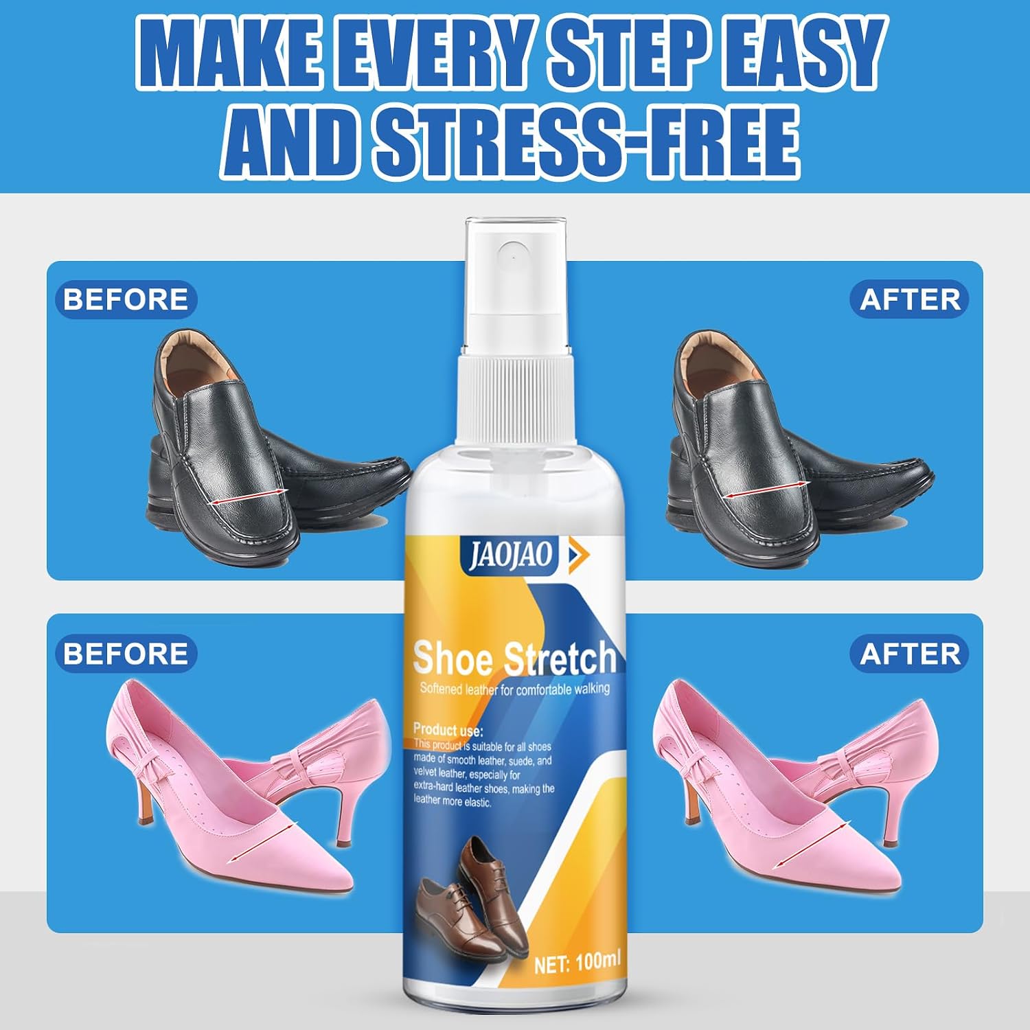 JAOJAO 3-in-1 Shoe Stretch Spray & Leather Softener, Professional Boot Stretcher & Conditioner Liquid for Fast Stretching Tight Pointed Shoes, Suede, Suede, Canvas, Unisex - 100ml