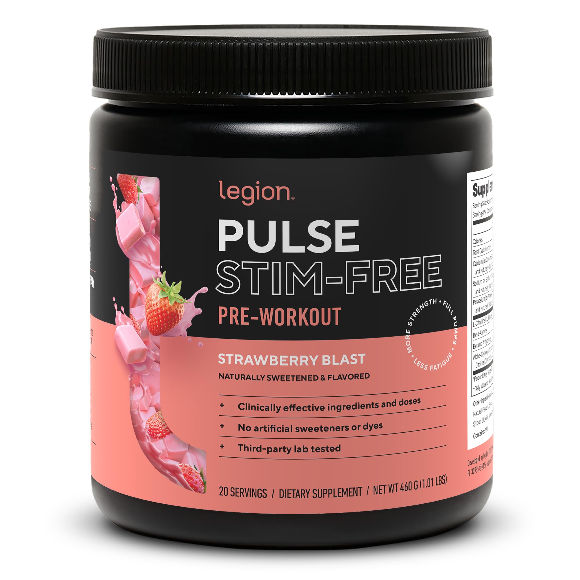 LEGION Pulse Pre Workout Supplement - All Natural Nitric Oxide Preworkout Drink to Boost Energy, Creatine Free, Naturally Sweetened, Beta Alanine, Citrulline, Alpha GPC (Caffeine FreeStrawberry Blast)