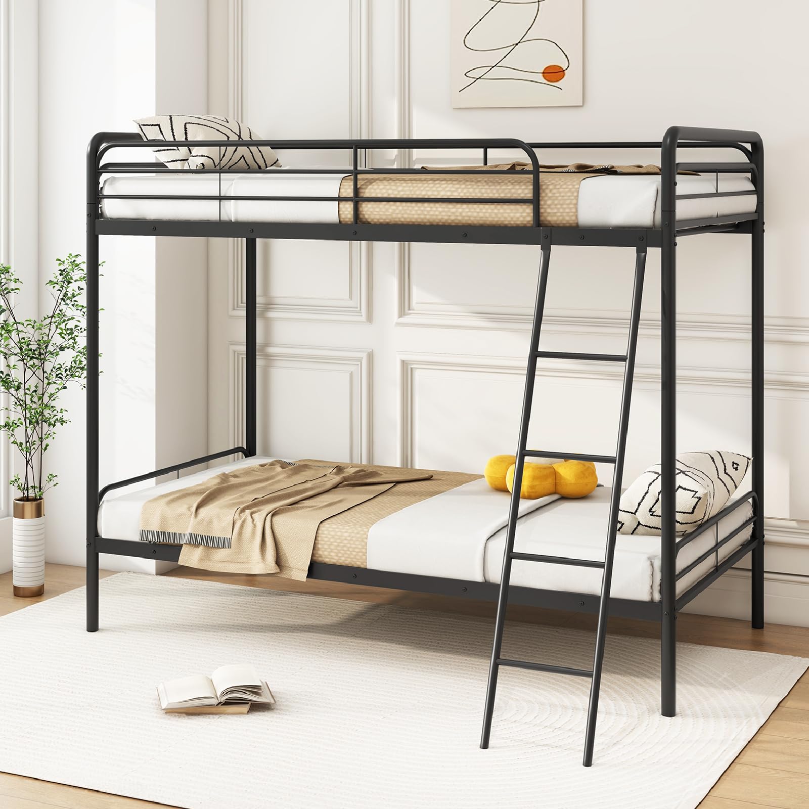 COSTWAY Metal Bunk Bed, Single over Single Loft Bed Frame with Ladder, Safety Guardrail and Underbed Storage, Space-Saving Bedroom Dorm Apartment Twin High Sleeper Beds for Adults, Black