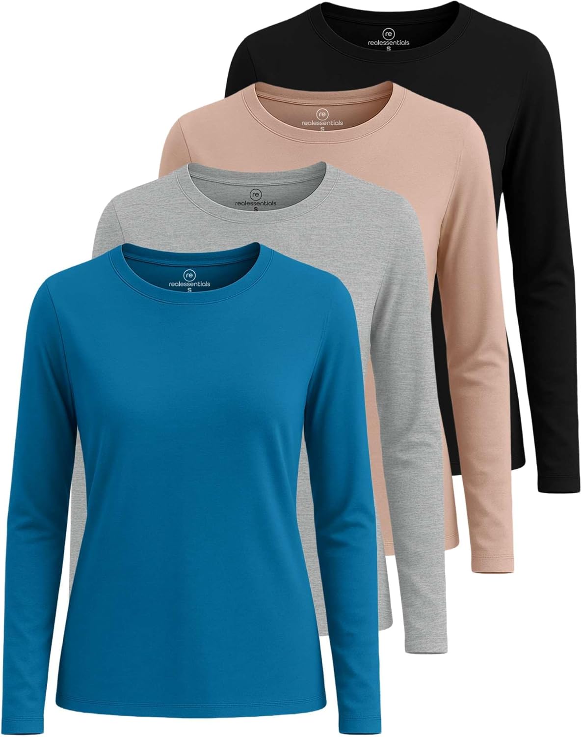 Real Essentials 4 Pack: Women's Cotton Classic-Fit Long-Sleeve Crewneck T-Shirt (Available in Plus Size)