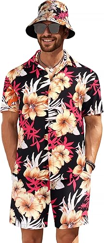 COOFANDY Conjunto de camisa hawaiana y pantalones cortos para hombre traje de playa de 2 piezas con sombreros de pescador