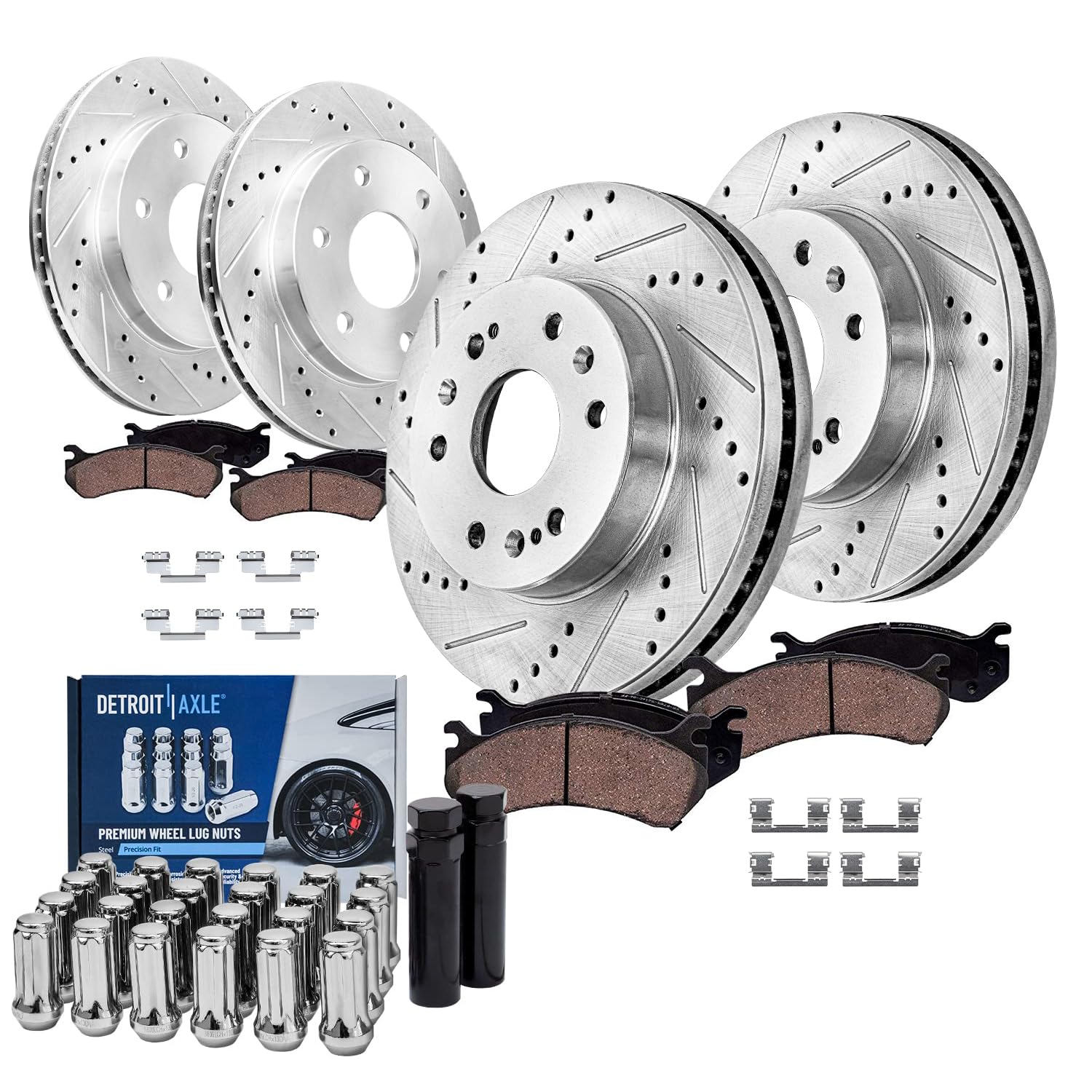 Detroit Axle - Brake Kit for Silverado Sierra Suburban 1500 | Chevy GMC Cadillac Escalade Yukon, Front and Rear Drilled Slotted Brake Rotors Ceramic Brake Pads Wheel Lug Nuts Socket Keys